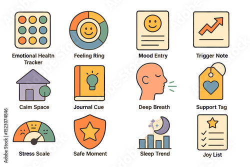 Wellness icons set: emotional health tracker, feeling ring, mood entry, trigger note, caim space