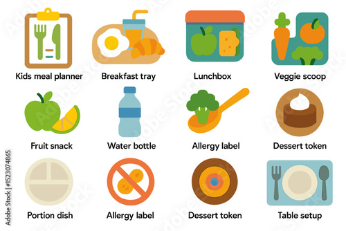 Kids meal planner: colorful icons of food, snacks, labels, and setup items