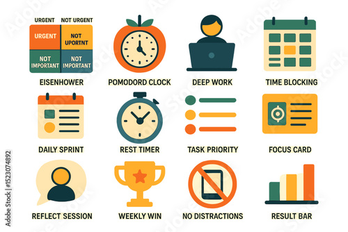 Productivity tools illustration featuring eisenhower matrix and pomodoro clock