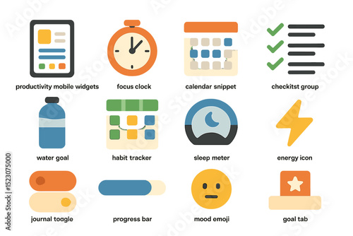 Colorful digital productivity icons for mobile apps featuring widgets and tools