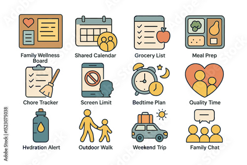 Interactive family planner icons for organizing daily activities and wellness