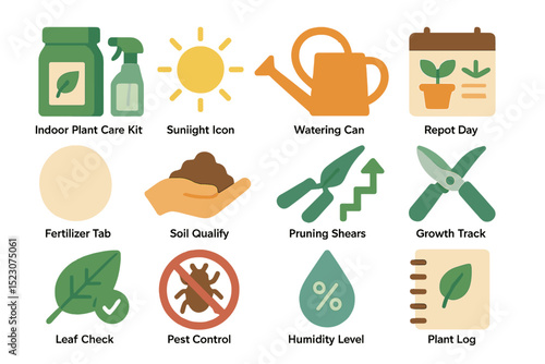 Indoor plant care icons: watering can, sunlight, fertilizer, pruning shears, pest control