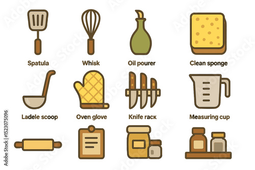 Kitchen utensils collection: spatula, whisk, ladle, knife rack, measuring cup
