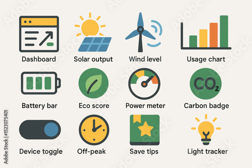 Sustainable energy icons: dashboard, solar, wind, usage, battery, eco score, power, carbon, device, off-peak, save, light