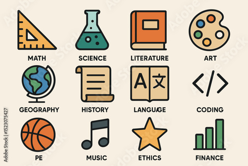 Colorful icons representing various academic subjects in education