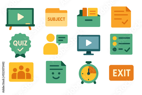 Educational icons for online learning and assessment with quiz and exit symbols