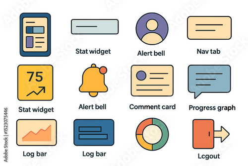 Colorful interface icons including graphs, widgets, and notifications