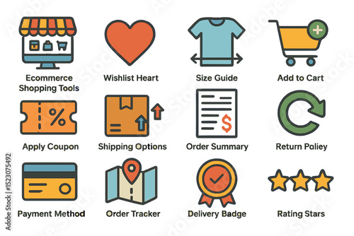 Ecommerce icons: shopping, wishlist, cart, payment, shipping, order, return, rating