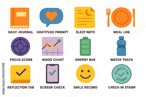 Wellness app icons for daily journal, gratitude, sleep, and health tracking