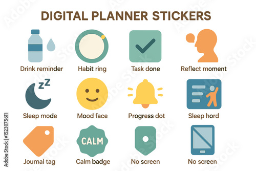 Digital planner stickers for productivity and wellness tracking