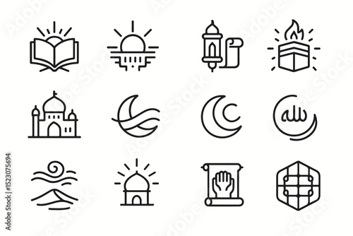 Set of islamic symbols: mosque, quran, lantern, crescent moon, prayer hands
