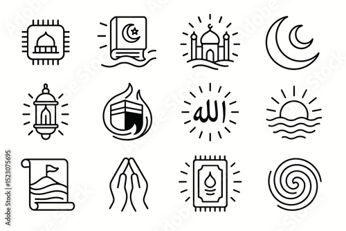 Islamic symbols: mosque, crescent moon, quran, lantern, kaaba, allah, prayer, sun, hands