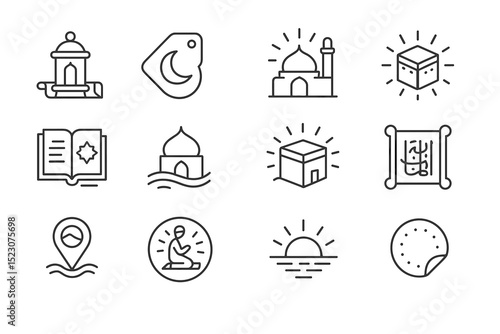 Islamic icons: mosque, quran, kaaba, prayer symbols in line art style