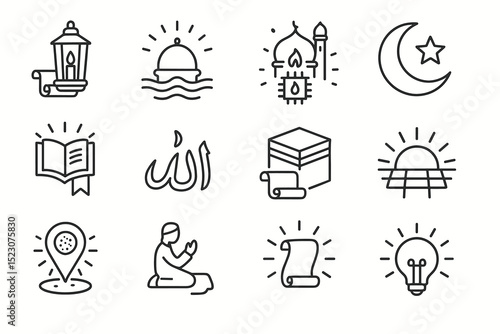 Islamic icons: lantern, mosque, quran, prayer, moon, star, allah symbol, kabba, location, lightbulb