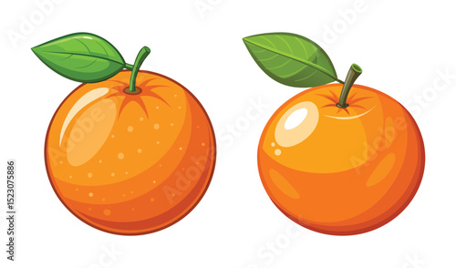 Photo of two juicy oranges, isolated on white background, one with a leaf slightly askew, showcase vibrant citrus hues