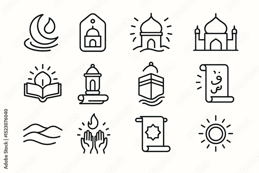 Fototapeta premium Islamic symbols collection: crescent, mosque, quran, prayer, kaaba, scroll, sun