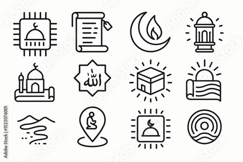 Islamic symbols: mosque, quran scroll, crescent moon, lantern, pilgrimage icons