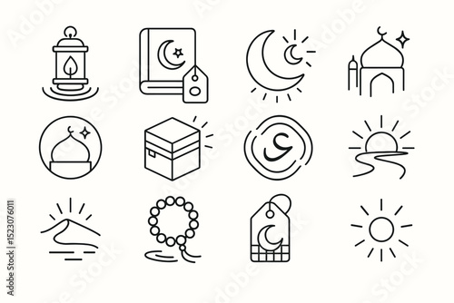 Islamic symbols: lantern, quran, mosque, crescent, kaaba, prayer beads, sunset icons