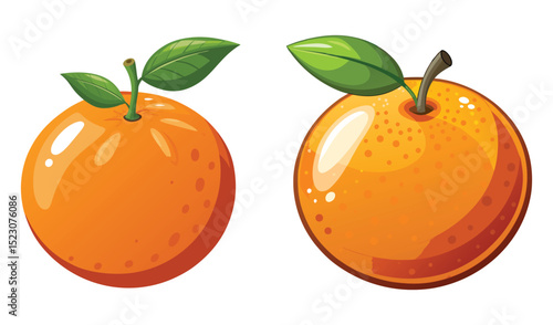 Photo of two juicy oranges, isolated on white background, gleam with vibrant color and fresh green leaves