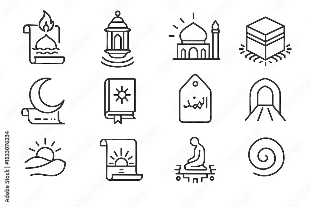 Fototapeta premium Collection of islamic symbols: mosque, crescent moon, quran, mecca icons