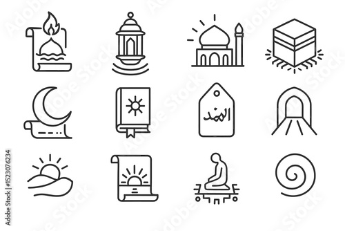Collection of islamic symbols: mosque, crescent moon, quran, mecca icons