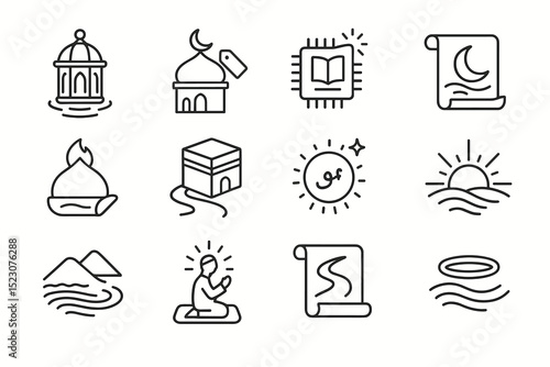 Islamic symbols: mosque, quran, pilgrimage, and prayer icons