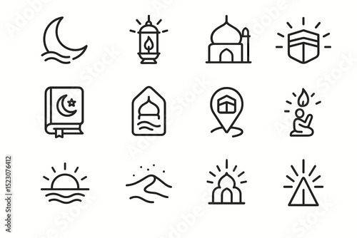 Set of islamic symbols: crescent, mosque, quran, lantern, and pilgrimage icons