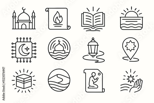 Islamic line icons: mosque, quran, lantern, prayer, and religious symbols