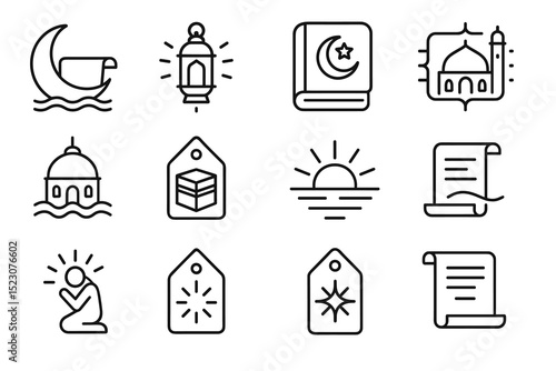 Islamic symbols: crescent, lantern, quran, mosque, prayer, tags, scrolls, sunrise