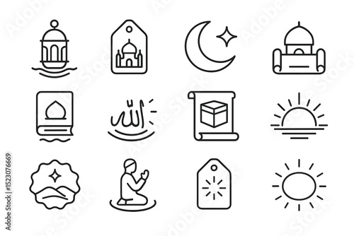 Islamic icon set featuring mosque, crescent moon, quran, and prayer elements