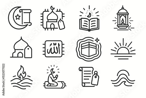 Islamic symbols and practices: crescent, mosque, quran, kaaba, prayer, lantern, sunrise, calligraphy, water, scroll