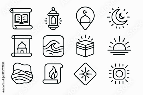 Islamic icon set featuring mosque, lantern, crescent moon, and more