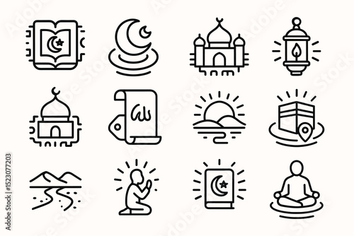 Islamic symbols: mosque, crescent, quran, pilgrim, prayer, meditation, spirituality