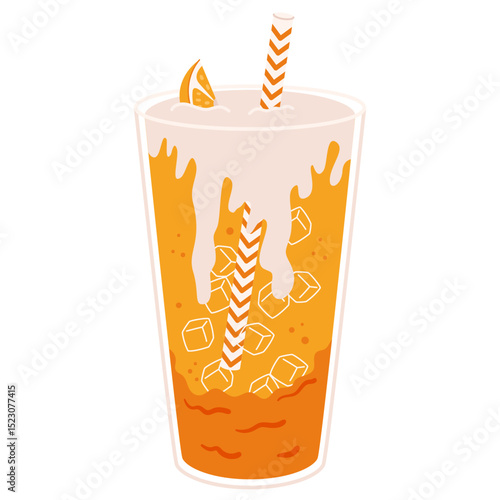 Orange soda with whipped cream, ice cubes and striped straw in clear glass isolated