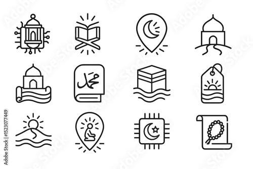 Islamic symbols and icons: mosque, quran, crescent, prayer, mecca