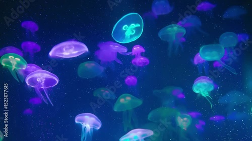 Magical abstract background with glowing jellyfish in neon lights floating in deep sea creating fantasy underwater atmosphere