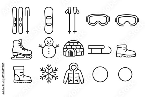 Winter sports and activities icon set including skis, snowman, igloo, and snowflakes
