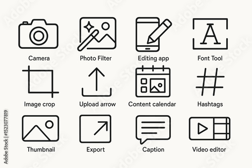 Minimalist multimedia icon set for editing and content creation tools