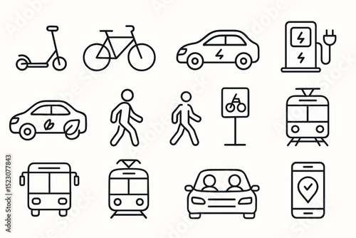 Eco-friendly transportation icons: electric cars, bikes, scooters, public transit