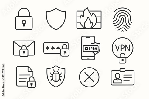Cybersecurity icons set featuring lock, shield, firewall, fingerprint, and vpn symbols