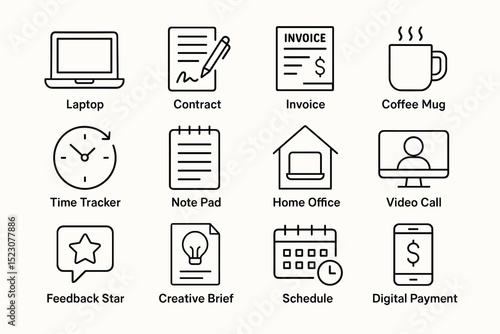 Business icons: laptop, contract, invoice, coffee mug, time tracker, note pad, home office, video call