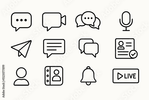 Communication icons set: messaging, video, audio, notification, profile, live
