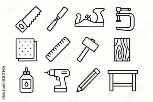 Outline icons of carpentry tools including saw, chisel, plane, clamp, and more