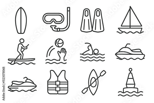 Set of water sports line icons: surfboard, snorkel, kayak, jet ski