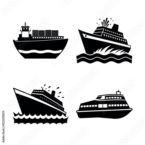 Collection of Black and White Ship and Boat Icons Cargo Ship, Cruise Ship, Yacht, and Ferry