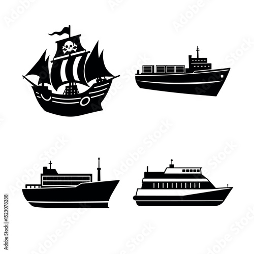 Collection of Ship Silhouettes Pirate Ship, Cargo Ship, Ferry, and Cruise Ship Illustrations