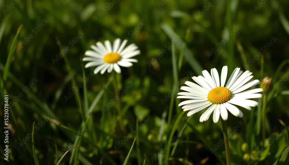 Lovely daisy blossoms nestled in lush green grass with soft blurred background, Dreamy. White tone Lovely daisy blossoms nestled in lush green grass with soft blurred background, Dreamy. White tone