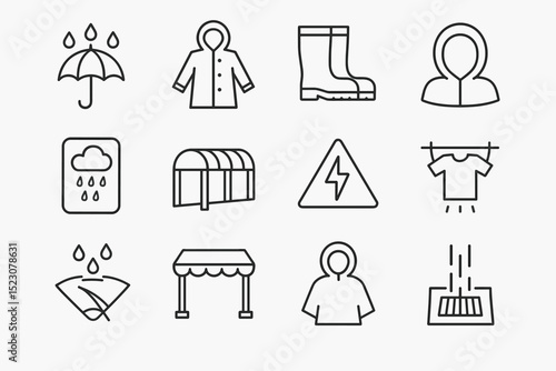 Weather icons: raincoat, umbrella, boots, rain, and laundry symbols