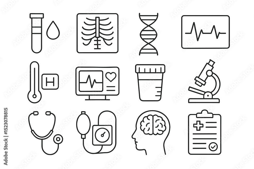 Fototapeta premium Set of medical icons: dna, heart rate, microscope, brain, stethoscope, x-ray
