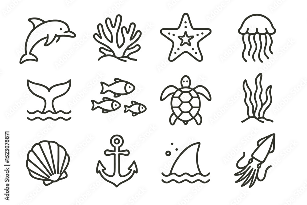 Fototapeta premium Marine life icons set featuring ocean animals and sea plants